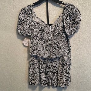 Two piece top and skirt set, floral print, black and white
